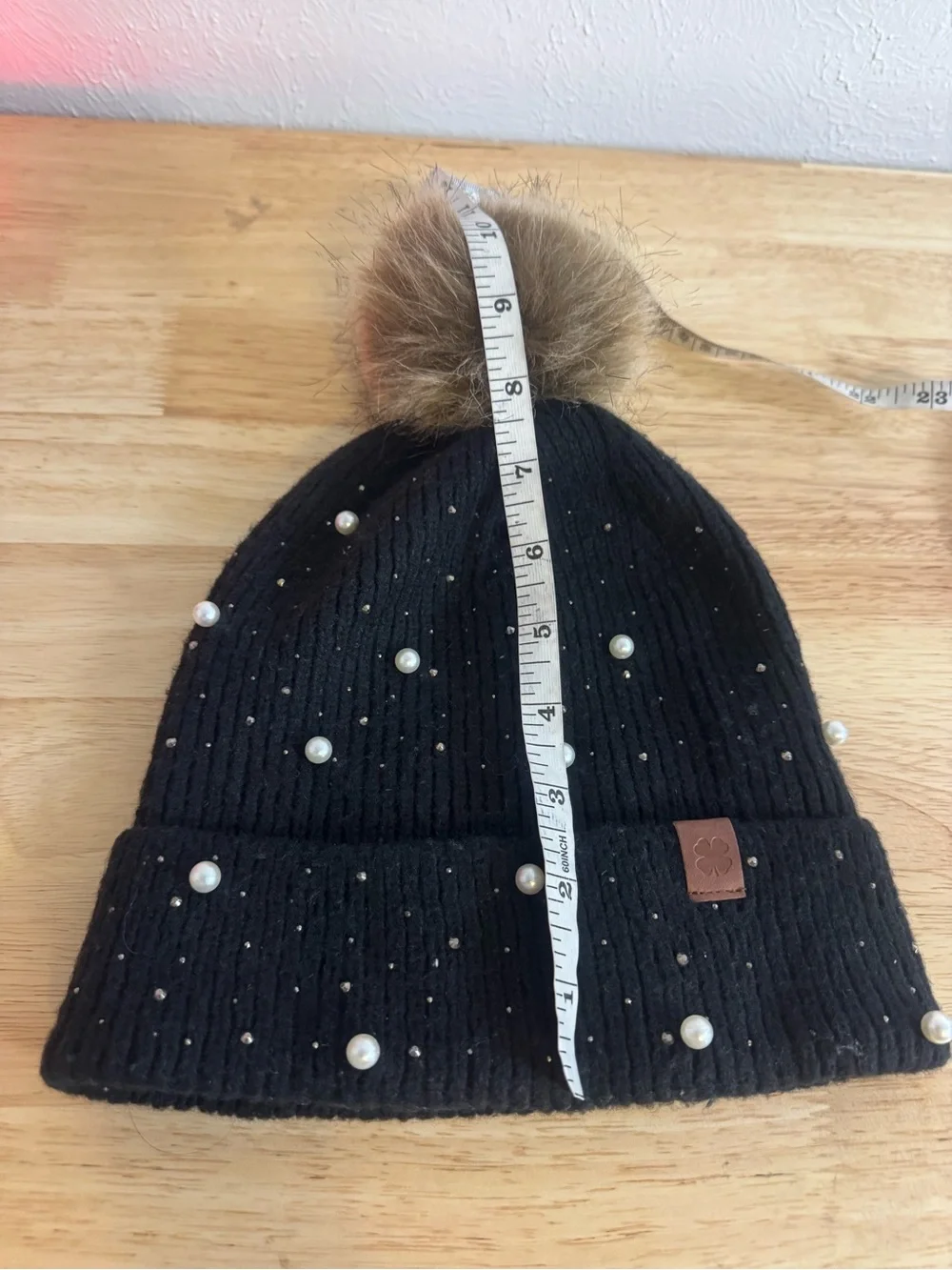 Lucky Brand Cute Girly Black and Pearls Puff Beanie